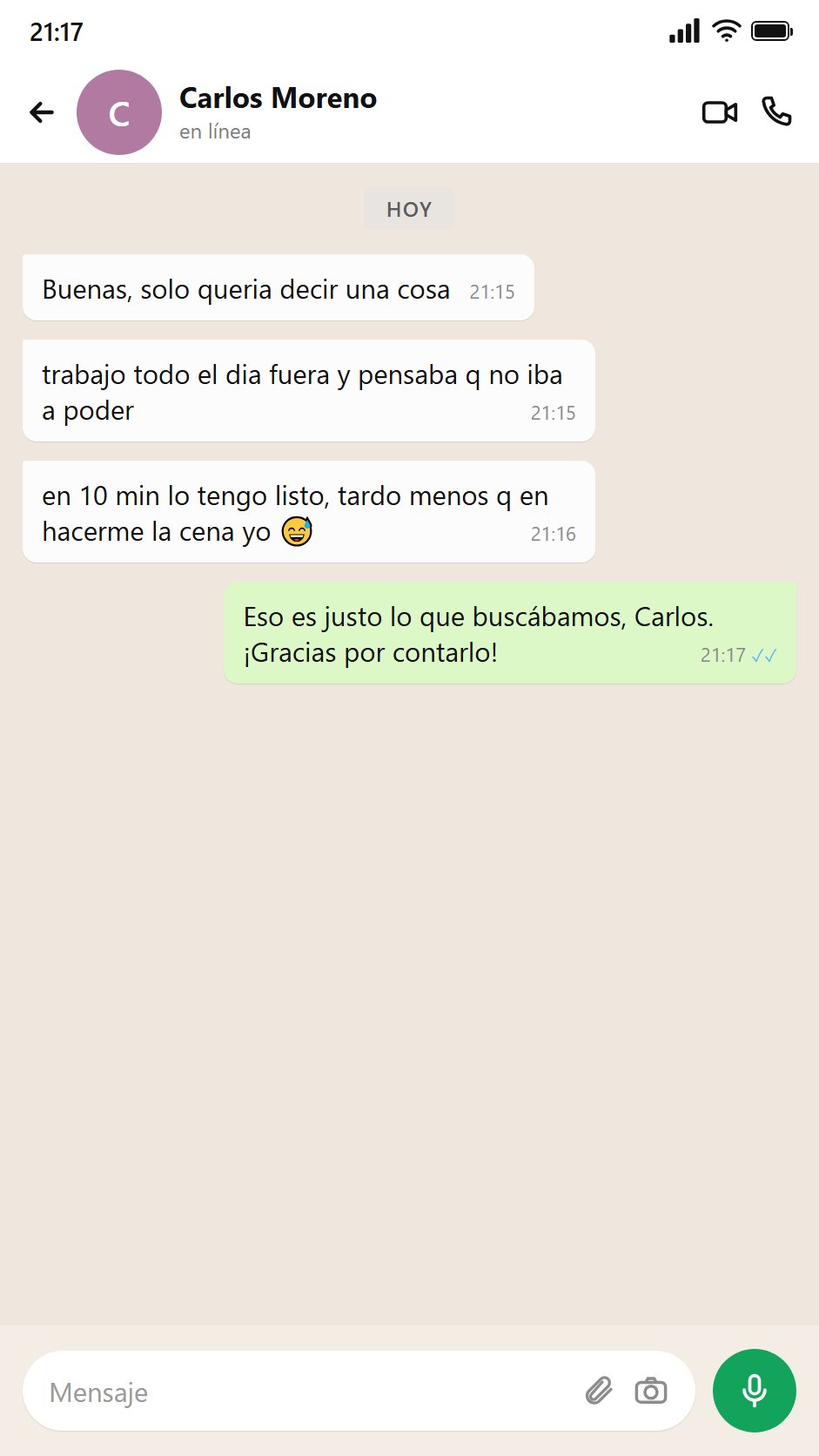 Mensaje de Carlos: lo tiene listo en 10 minutos
