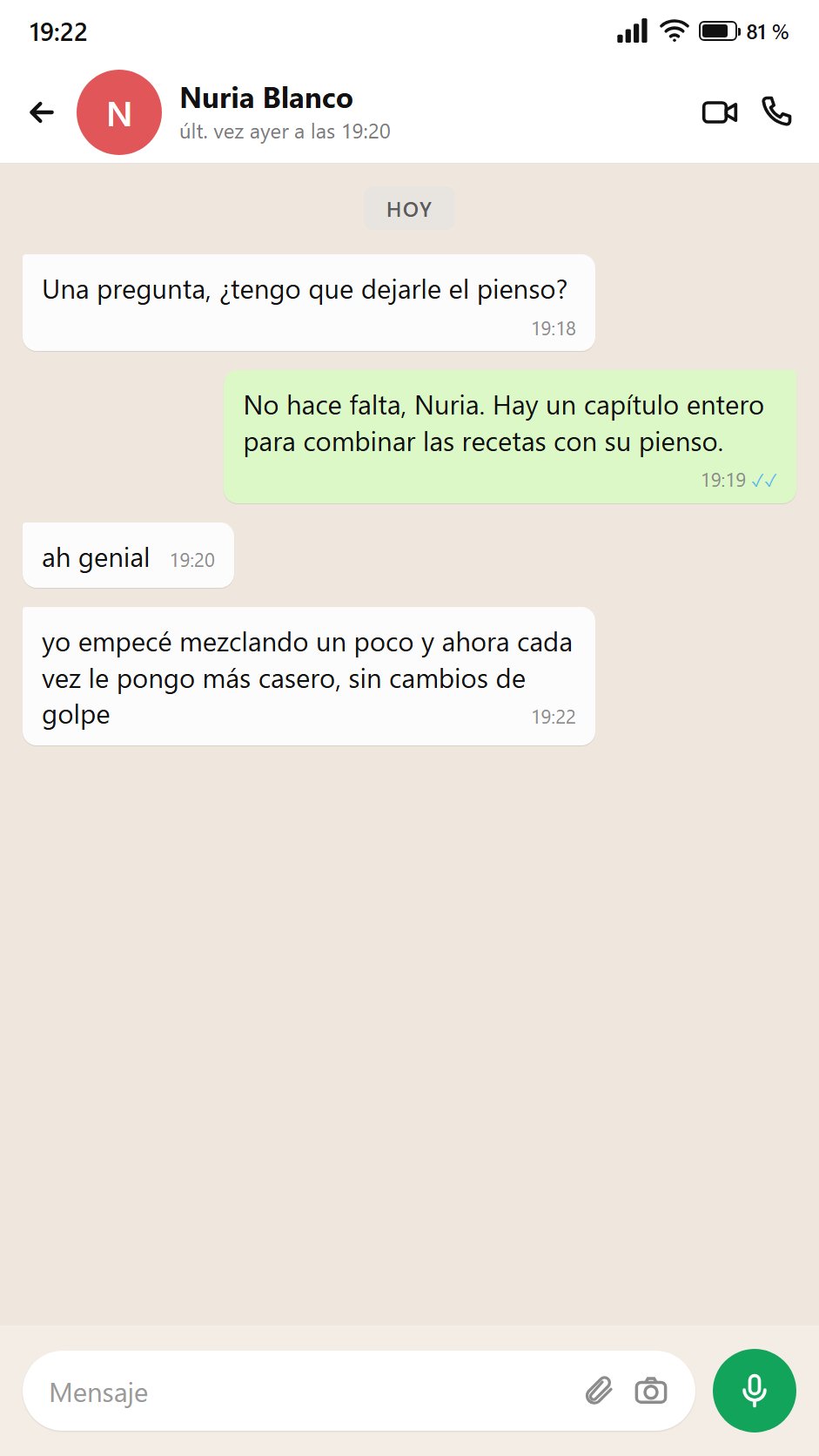 Mensaje de Nuria: lo combina con el pienso