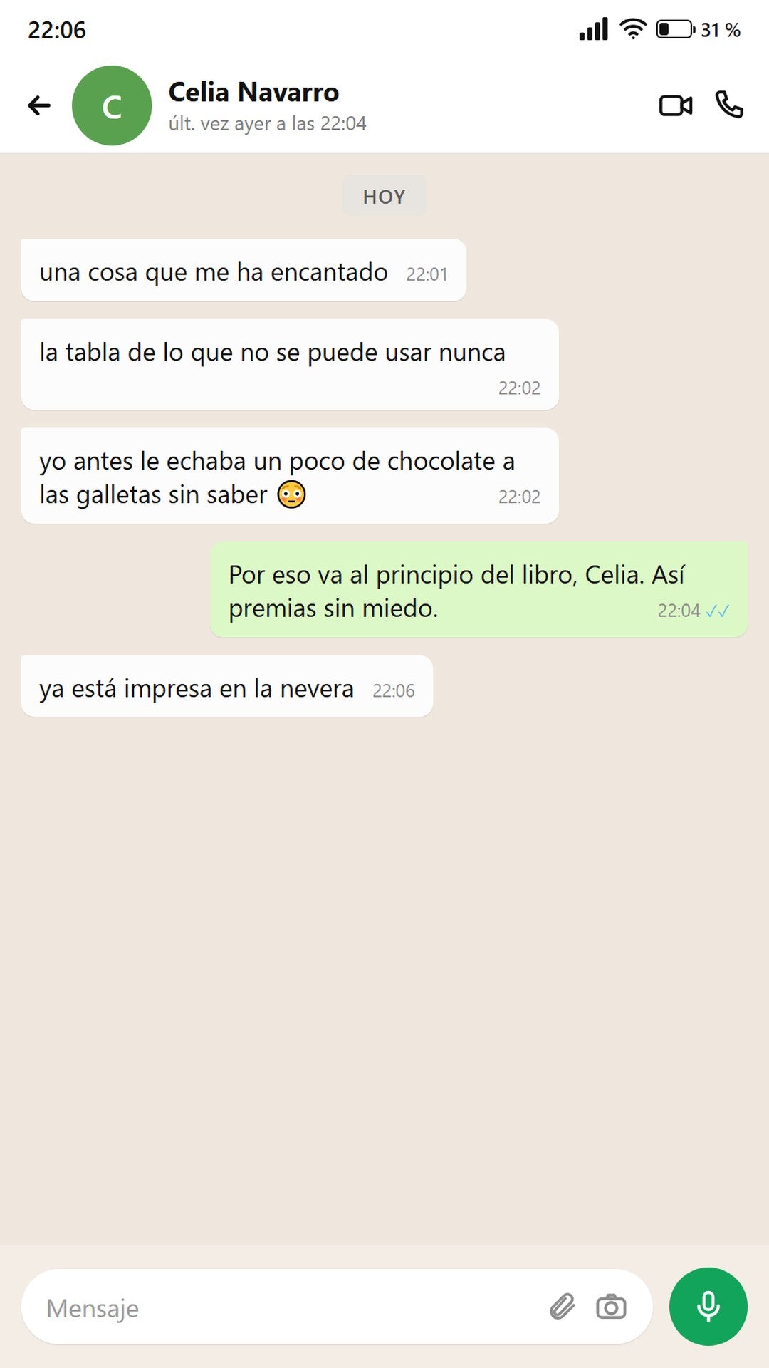 Mensaje de Celia: la tabla de ingredientes prohibidos