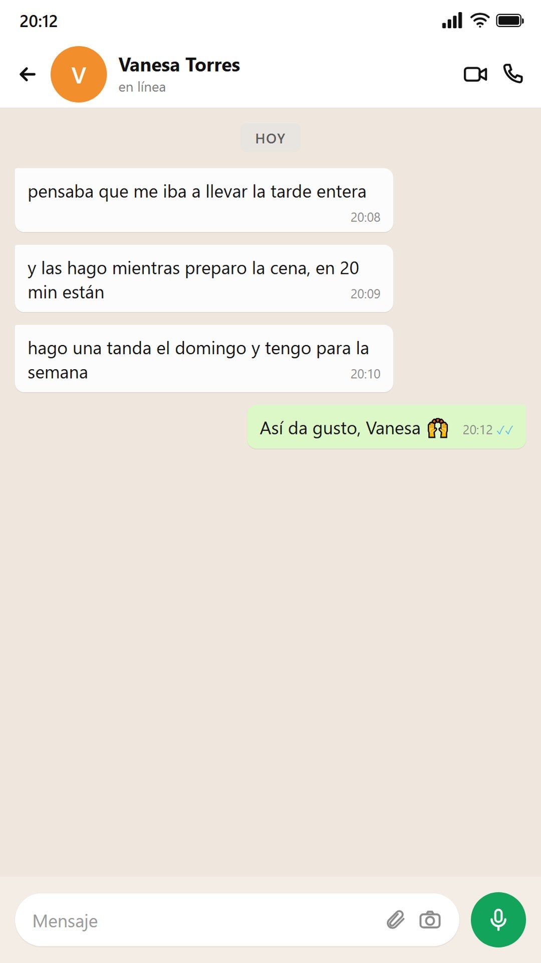 Mensaje de Vanesa: listos en 20 minutos