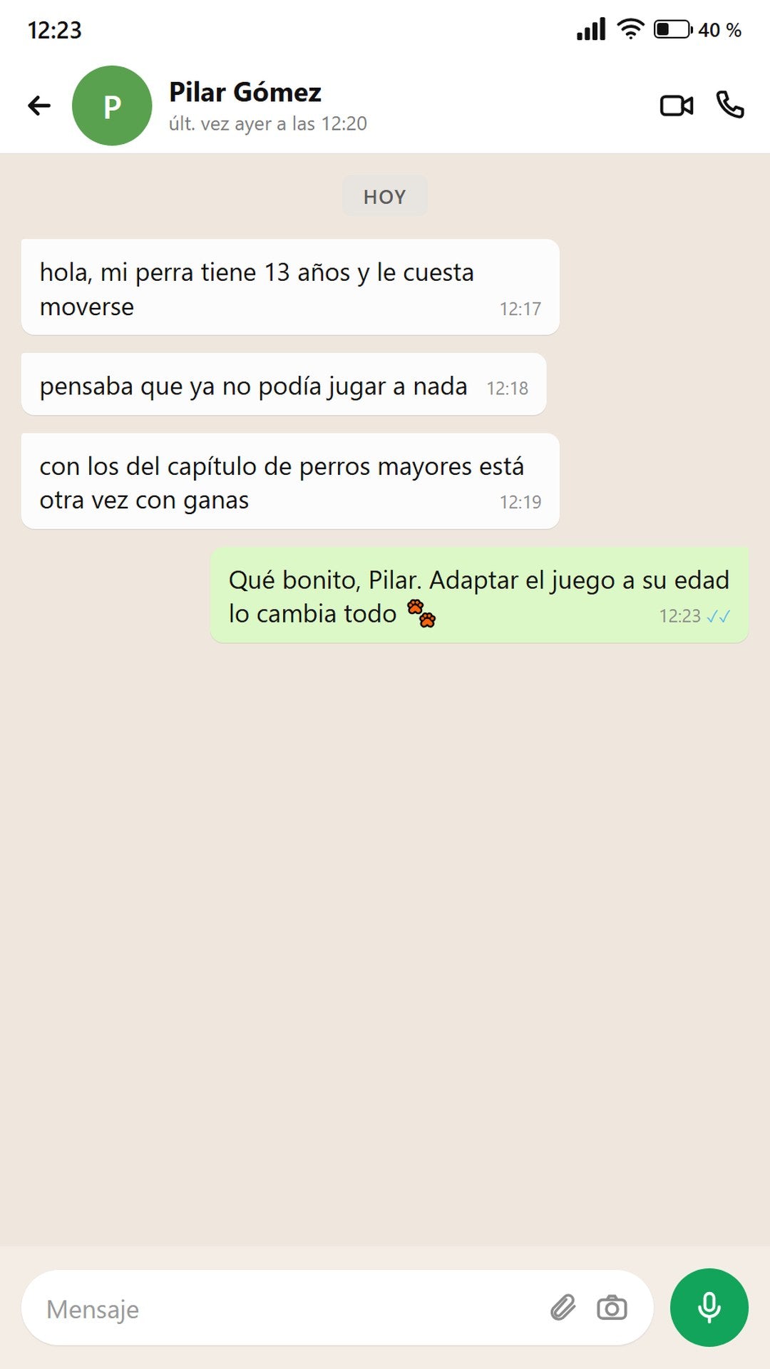 Mensaje de Pilar: su perra mayor vuelve a jugar